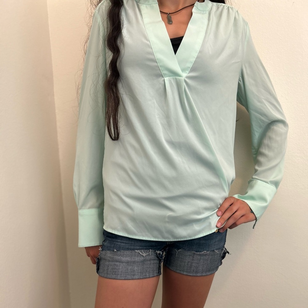 Sheer Calvin Klein light mint green V collar no button blouse with long sleeves